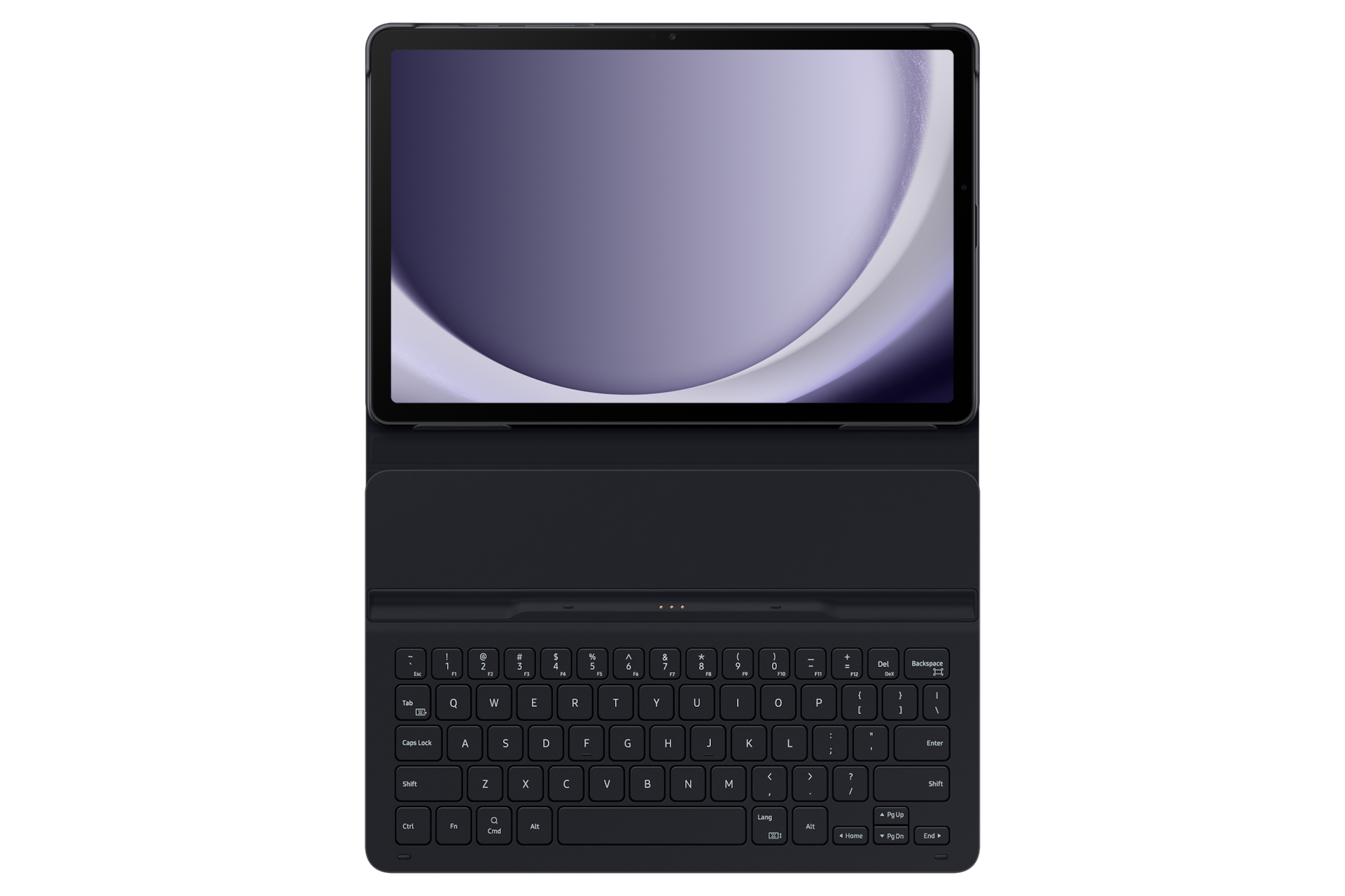 갤럭시 탭 A9+ 슬림 키보드 북커버 (블랙) 제품에 갤럭시 탭을 장착하여 펼친 이미지