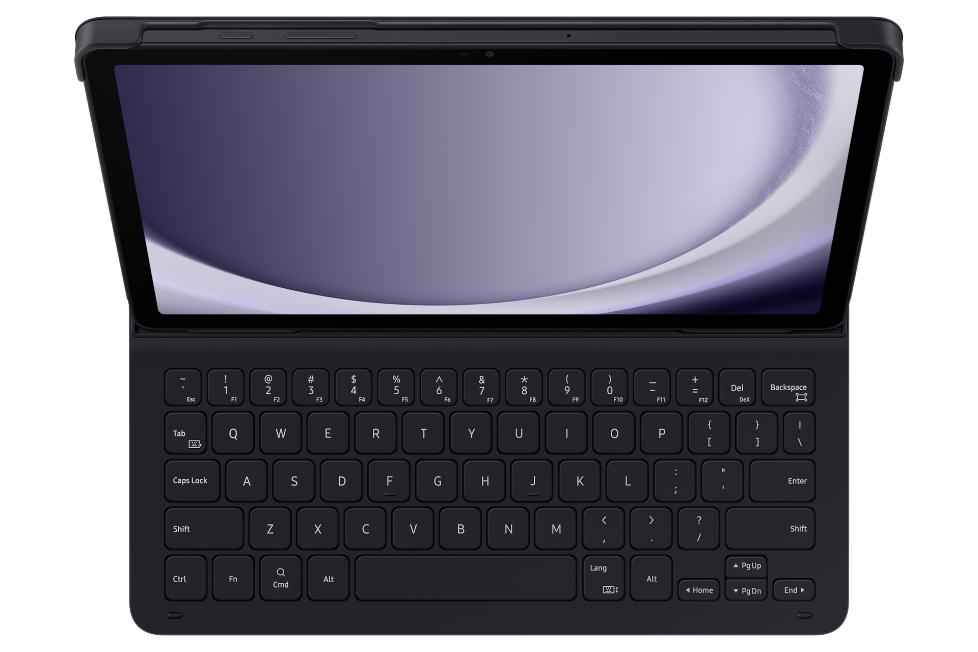 갤럭시 탭 A9+ 슬림 키보드 북커버 (블랙) 제품에 갤럭시 탭을 장착한 탑뷰 이미지