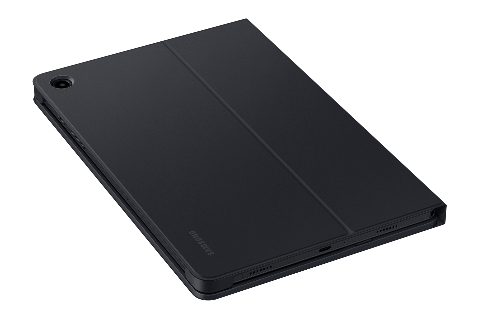 갤럭시 탭 A9+ 슬림 키보드 북커버 (블랙) 제품에 갤럭시 탭을 장착한 뒷면 오른쪽 회전 이미지