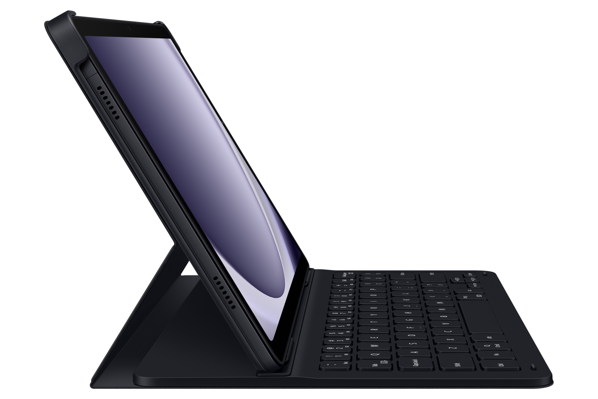 갤럭시 탭 A9+ 슬림 키보드 북커버 (블랙) 제품에 갤럭시 탭을 장착한 측면 이미지
