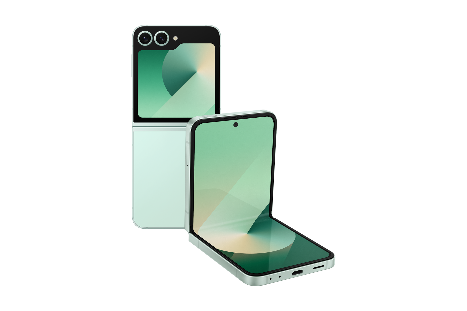 갤럭시 Z 플립6 자급제 민트 제품 정면 테이블 탑 좌측 30도 + 닫힌 앞면 콤보 이미지