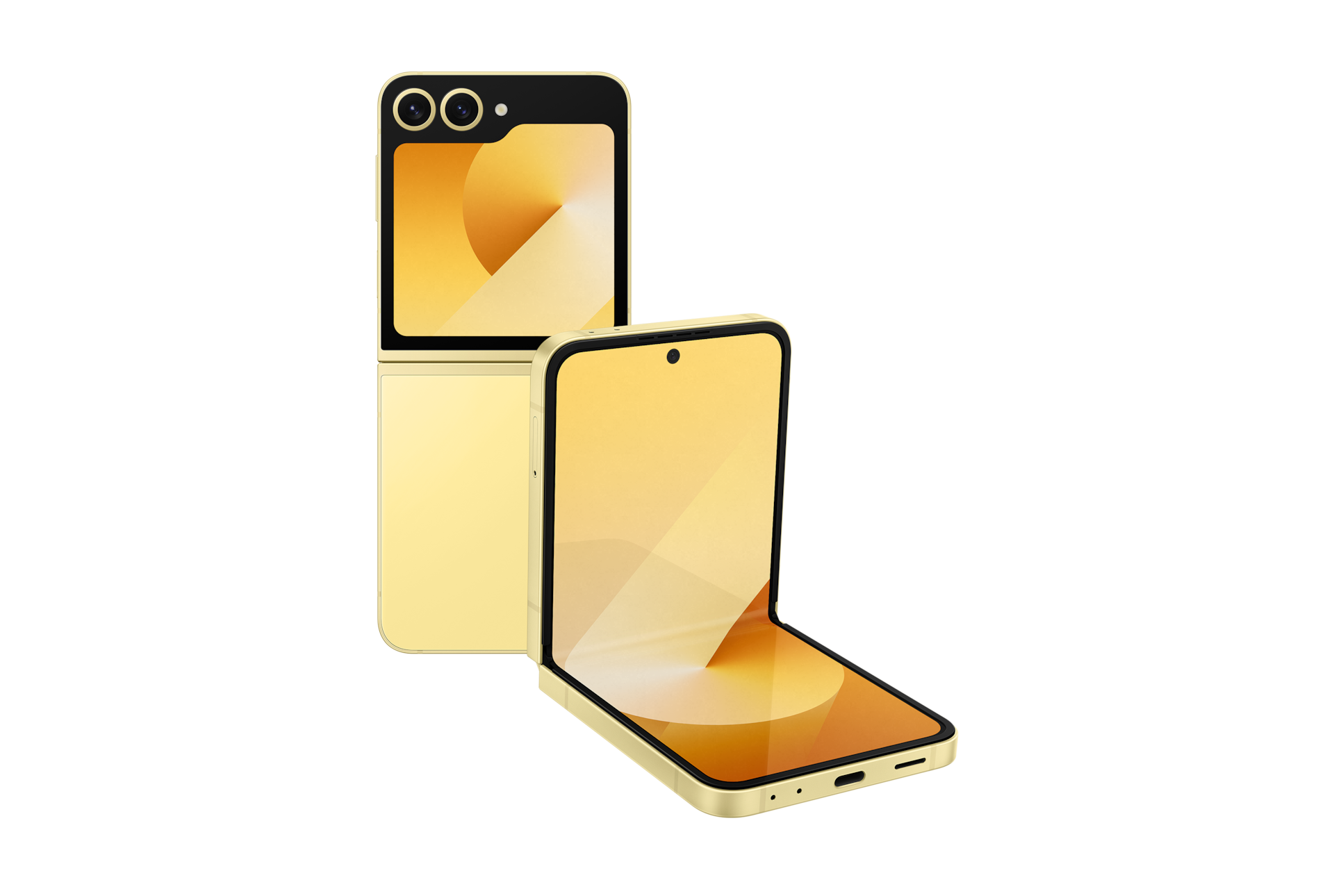 갤럭시 Z 플립6 자급제 옐로우 제품 정면 테이블 탑 좌측 30도 + 닫힌 앞면 콤보 이미지