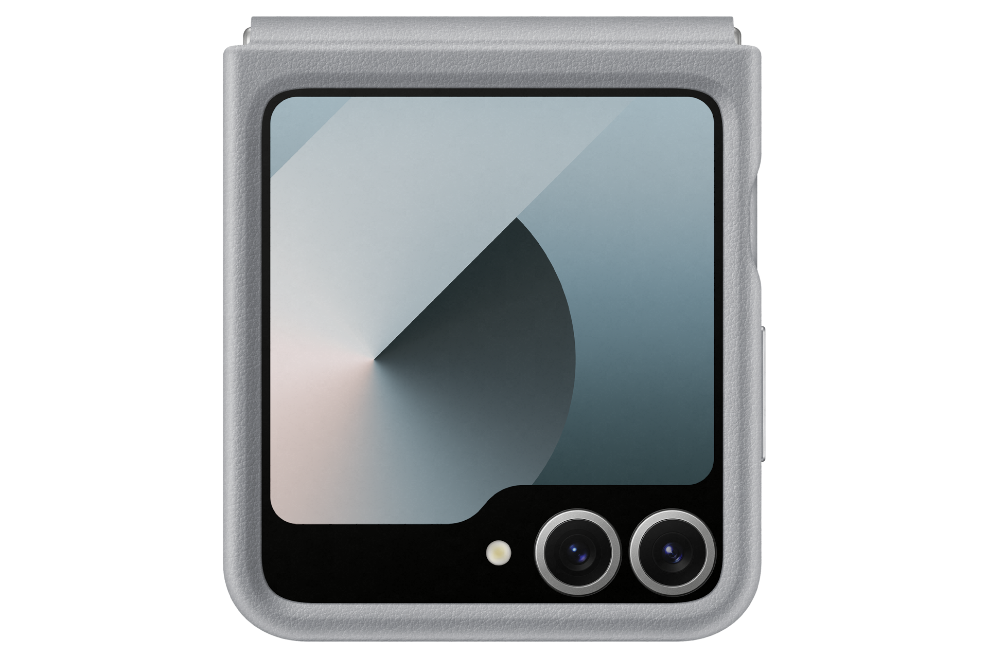 갤럭시 Z 플립6 카인드수트 케이스 (그레이) 장착 후 접어 놓은 플렉스 윈도우 부분 이미지