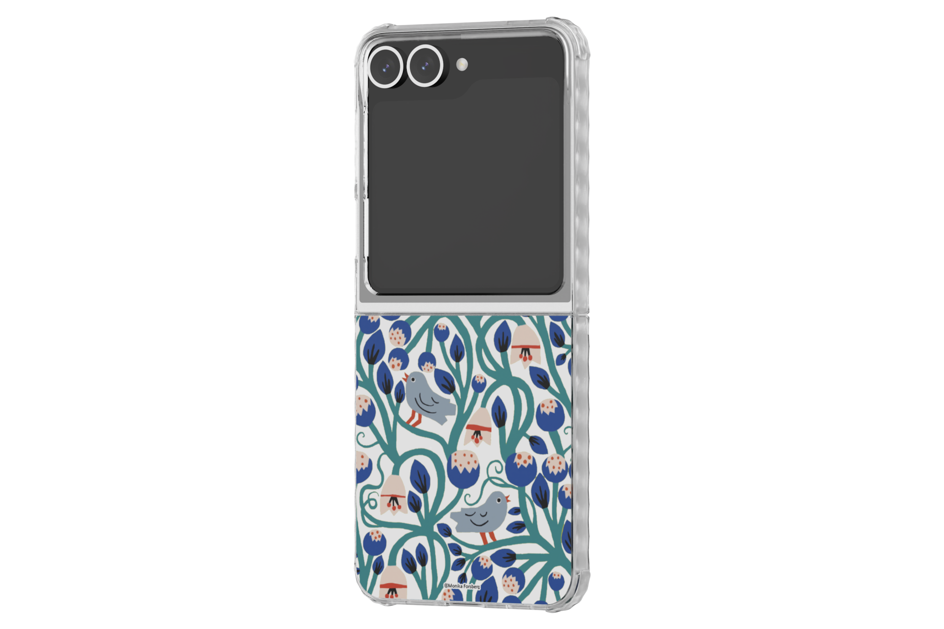 갤럭시 Z 플립6 아티스트 모니카 포스버그 버라이어티 케이스 (화이트) 장착 후 펼쳐 왼쪽으로 20도 돌아간 정면 이미지