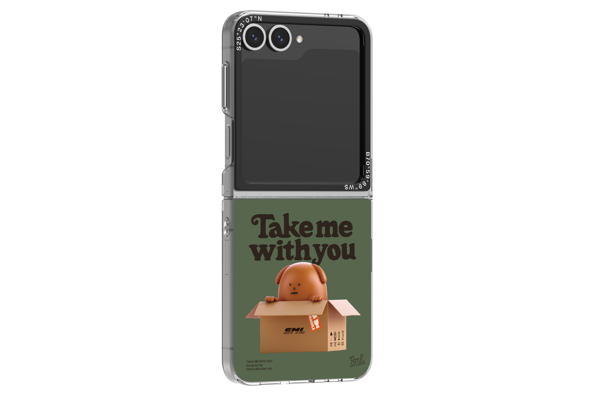 갤럭시 Z 플립6 스티키몬스터랩 슬림 임프레션 케이스 (카키) 장착 후 오른쪽으로 30도 돌아간 정면 이미지