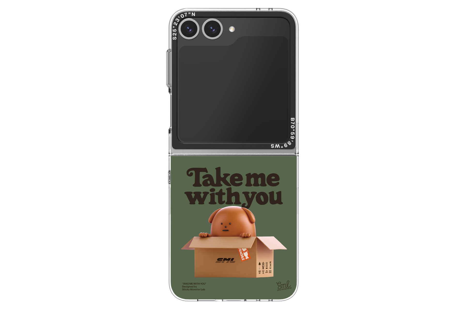 갤럭시 Z 플립6 스티키몬스터랩 슬림 임프레션 케이스 (카키) 장착 후 펼진 정면 이미지