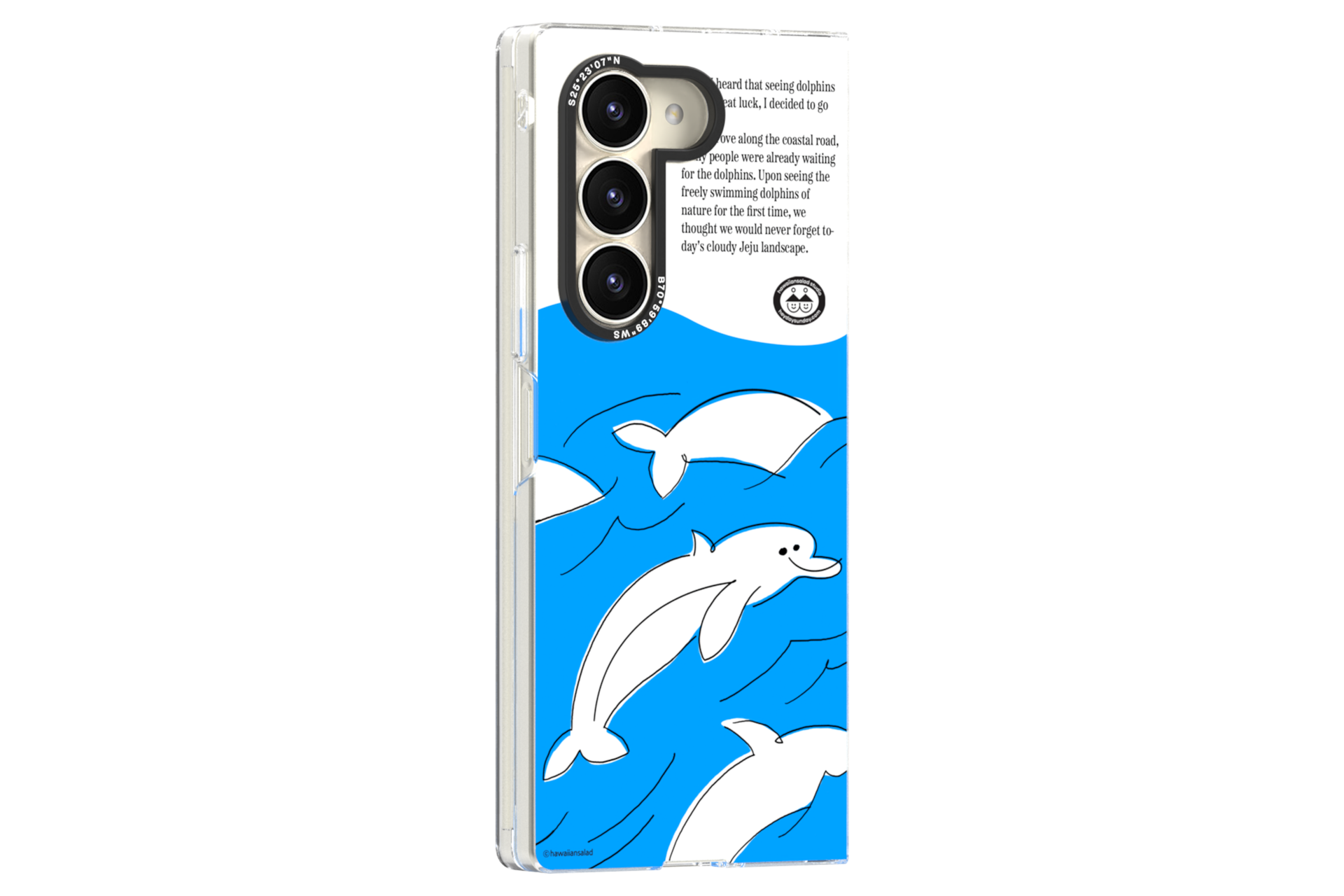 갤럭시 Z 폴드6 아티스트 하와이안샐러드 슬림 임프레션 케이스 (블루) 장착 후 오른쪽으로 30도 돌아간 정면 이미지