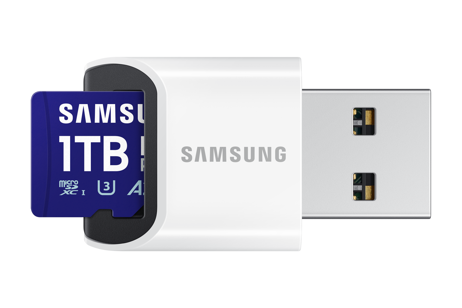 마이크로SD 메모리카드 PRO Plus with Card Reader 1 TB (블루) 제품을 Reader 에 장착하는 정면 이미지