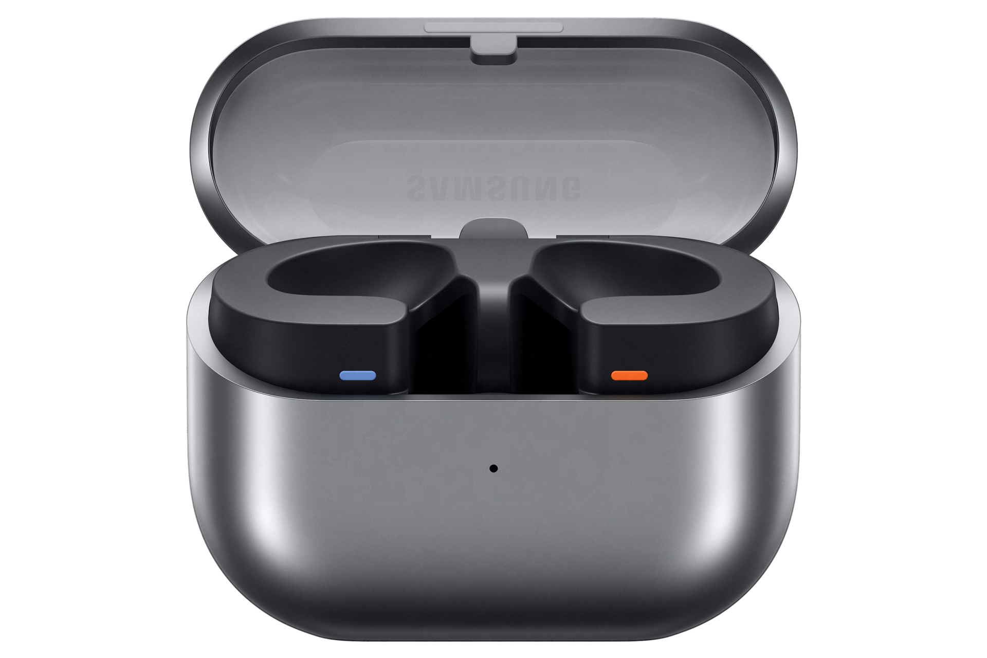 갤럭시 버즈3 실버 이어버드 장착된 케이스 뚜껑 열린 정면