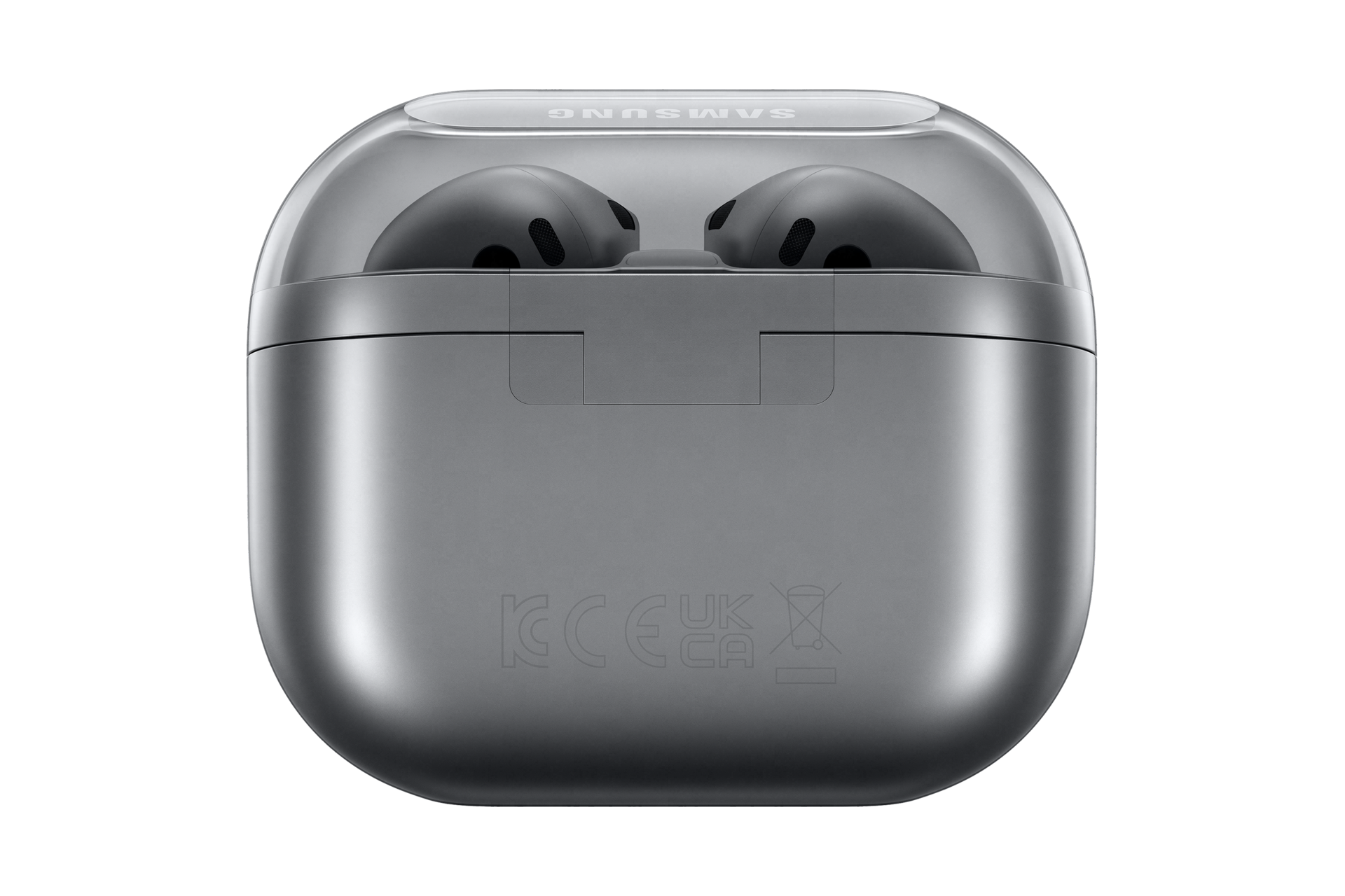 갤럭시 버즈3 실버 이어버드 장착된 케이스 뚜껑 닫힌 뒷면