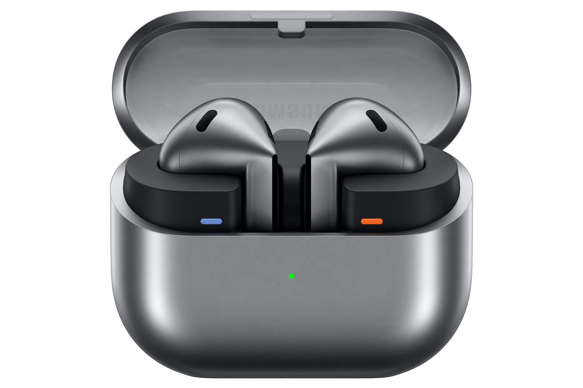 갤럭시 버즈3 실버 이어버드 장착된 케이스 뚜껑 열린 라이트 켜진 정면