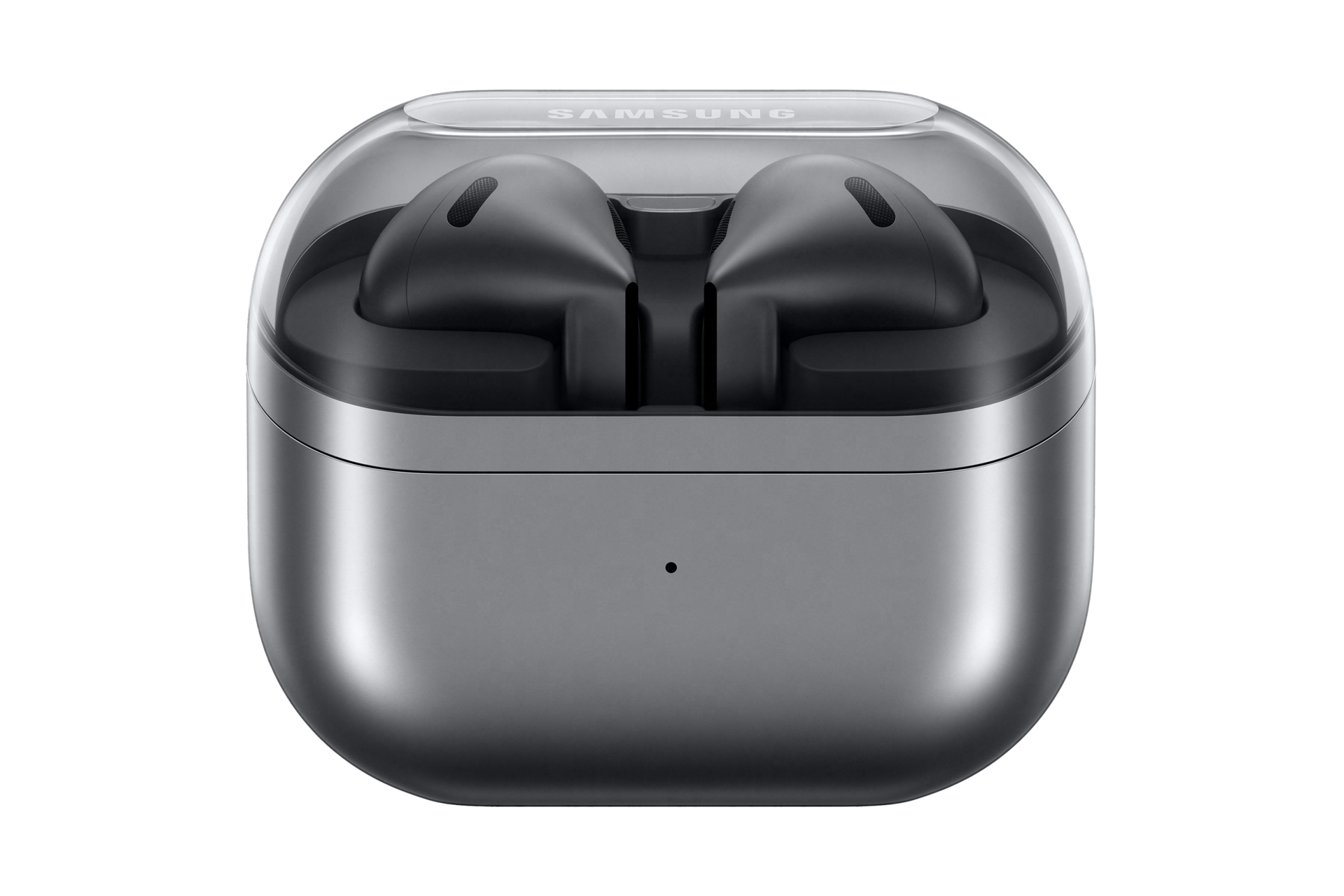 갤럭시 버즈3 실버 이어버드 장착된 케이스 뚜껑 닫힌 정면