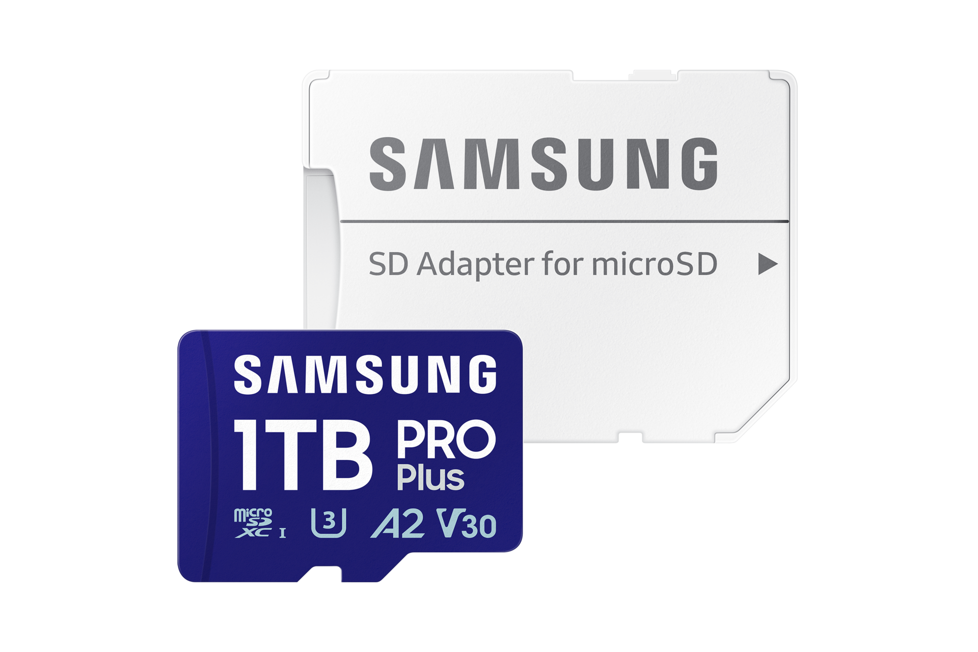 마이크로SD 메모리카드 PRO Plus 1 TB (블루) 정면 이미지와 SD adapter 정면 이미지가 겹쳐 있는 정면 이미지