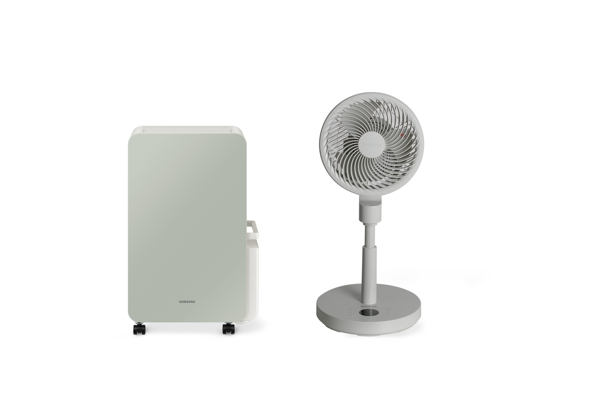 인버터 제습기 세이지 그린 정면 + 서큘레이터 얼티밋 그레이 정면