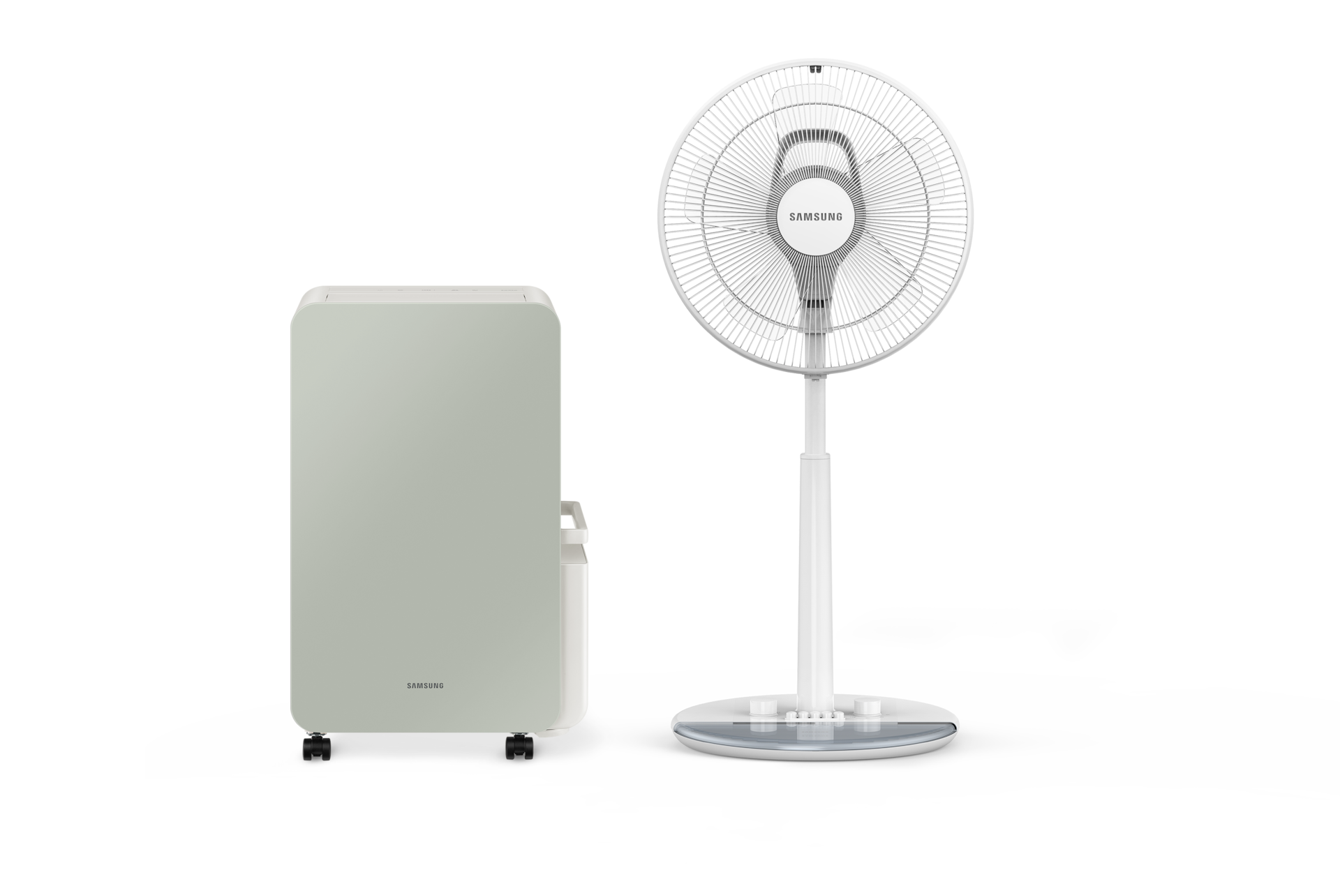 인버터 제습기 세이지 그린 정면 + 스탠드형 선풍기 화이트 + 플레인에어 정면
