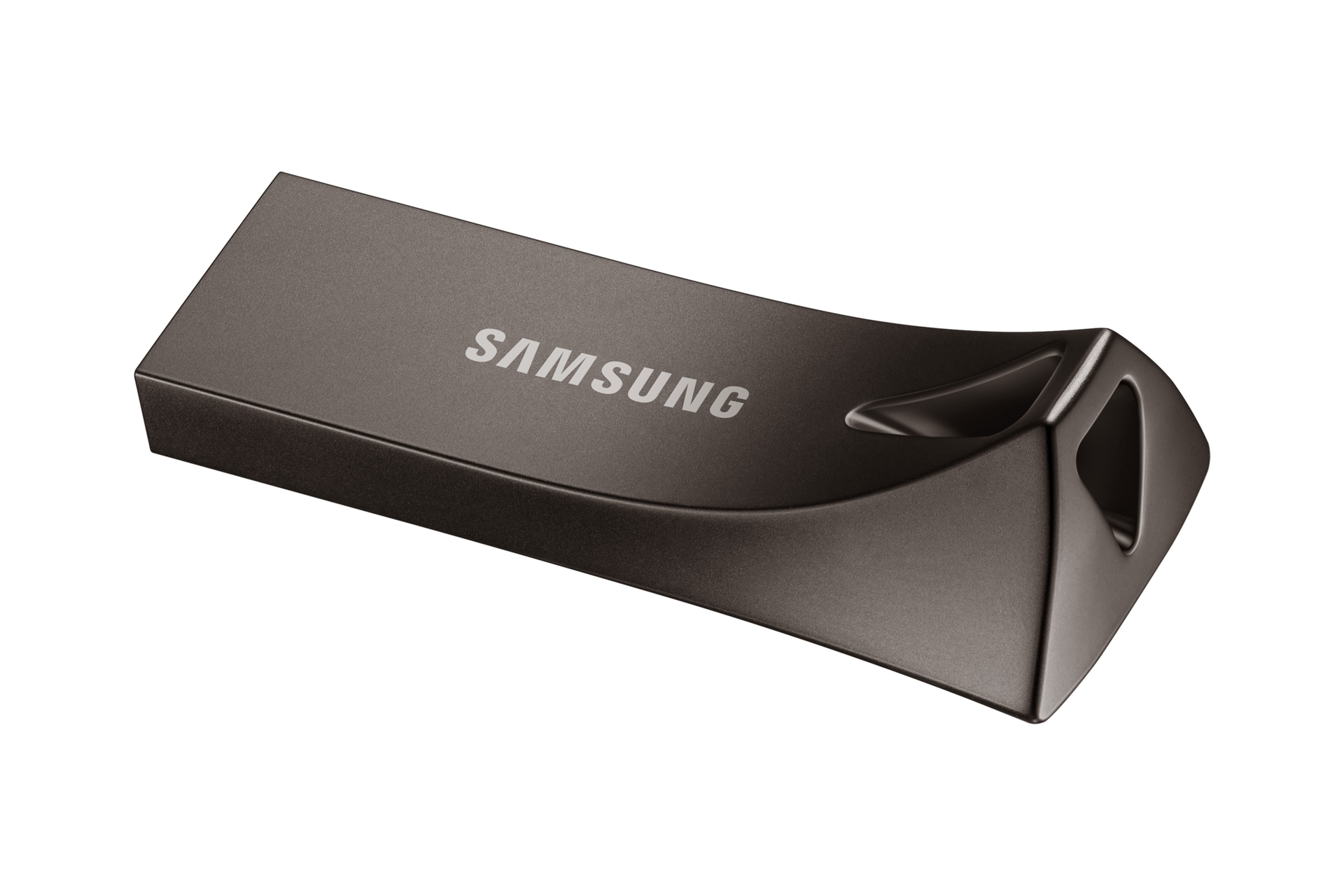 BAR Plus USB 3.2 Gen1 Flash Drive 128 GB (다크 그레이) 바닥에 눕힌뒤 오른쪽 아래 윗부분에서 내려본 이미지