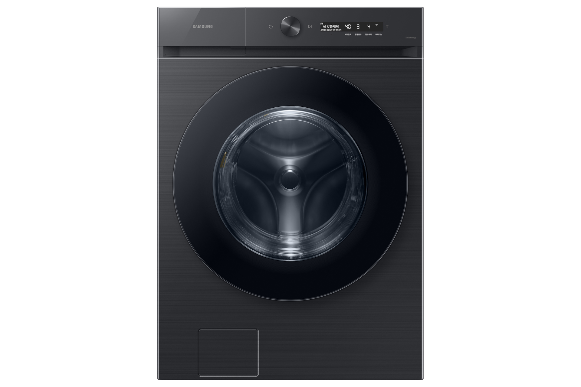 Bespoke AI 세탁기+건조기 24/20kg+상단 설치 키트 블랙캐비어 세탁기 정면