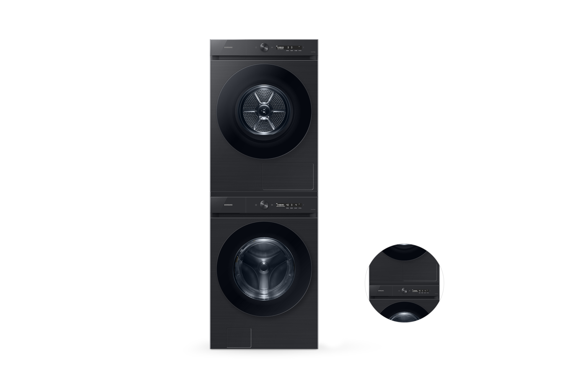 Bespoke AI 세탁기+건조기 24/20kg+상단 설치 키트 블랙캐비어 정면