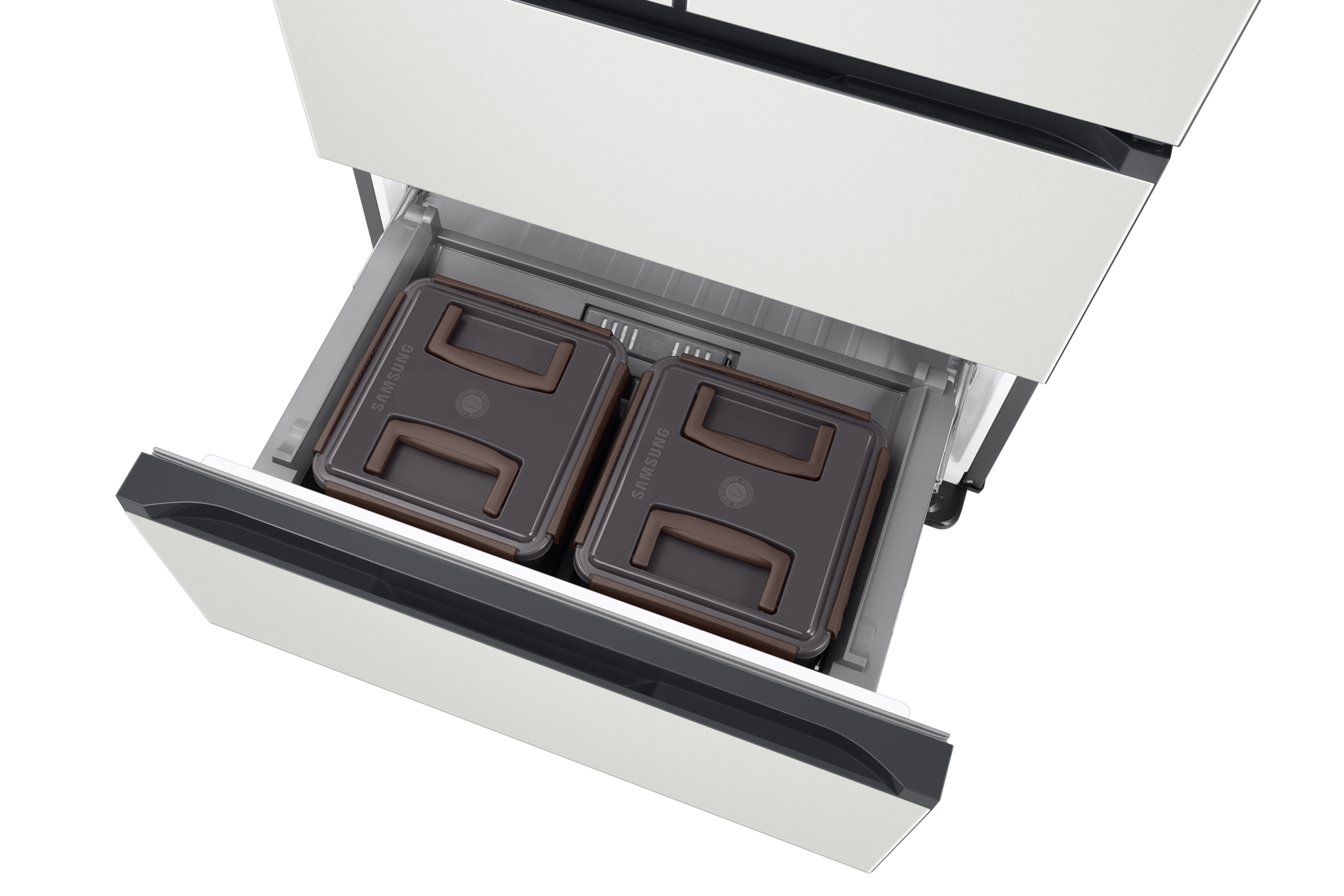 Bespoke AI 김치플러스 4도어 키친핏 420L (AI 정온 모드) 코타 화이트 하칸 슬라이드 아웃, 윗면 시점