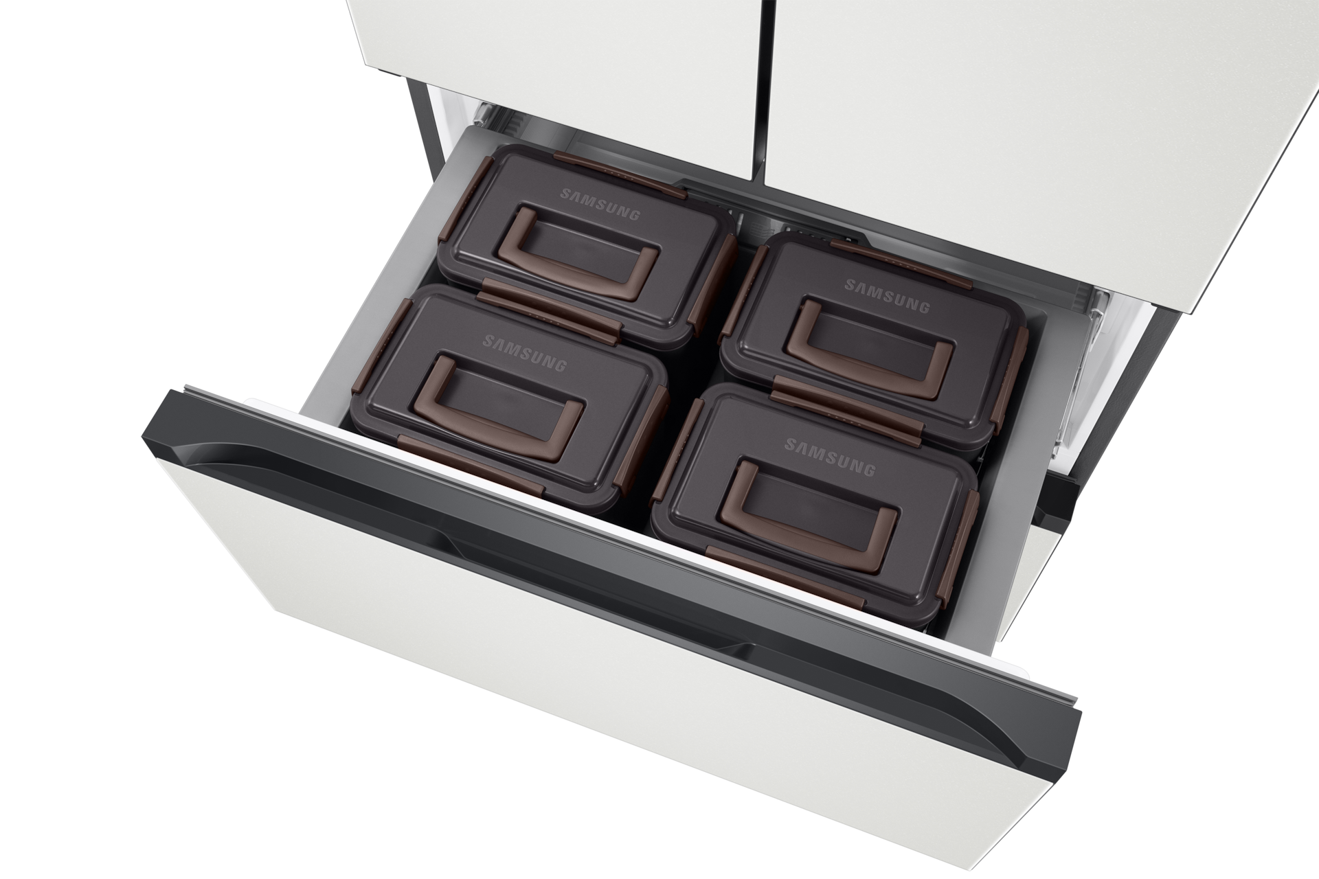 Bespoke AI 김치플러스 4도어 키친핏 420L (AI 정온 모드) 코타 화이트 중칸 슬라이드 아웃, 윗면 시점