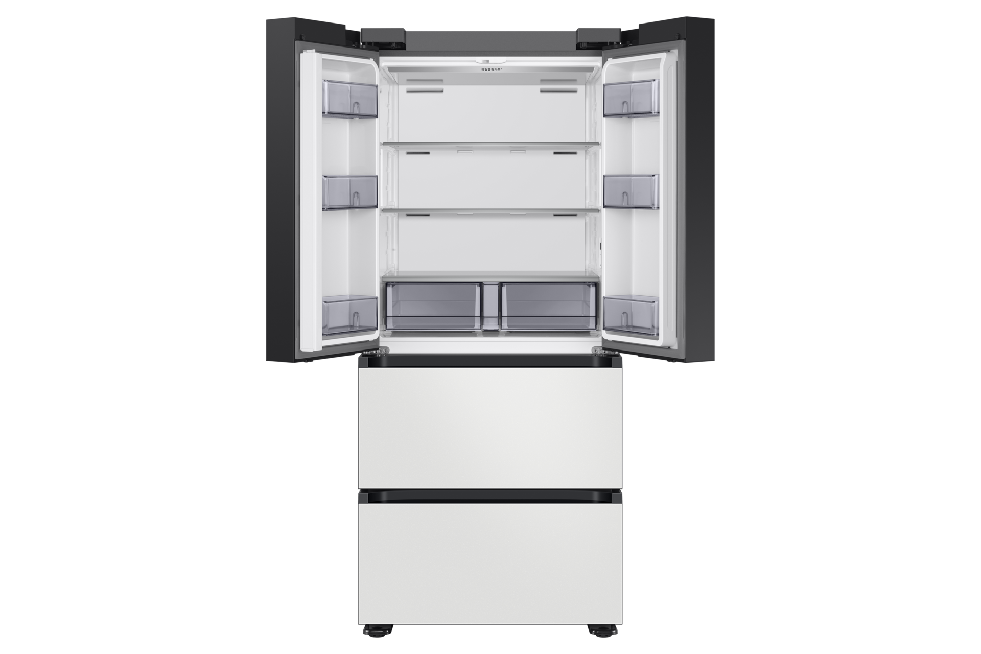 Bespoke AI 김치플러스 4도어 490L (AI 정온 모드) 코타 화이트 정면, 상칸 도어 열림