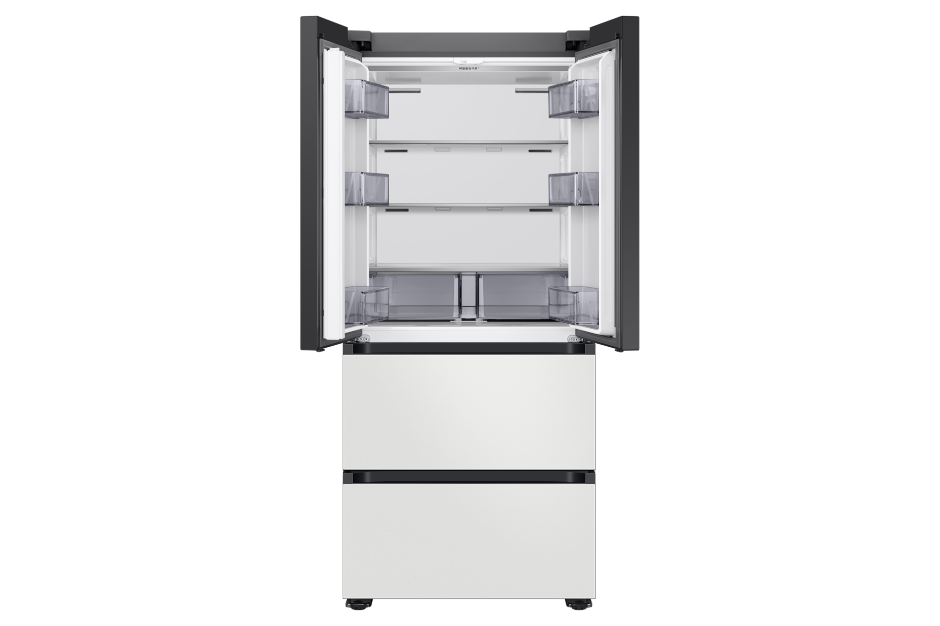 Bespoke AI 김치플러스 4도어 키친핏 420L (AI 정온 모드) 코타 화이트 정면, 상칸 도어 열림