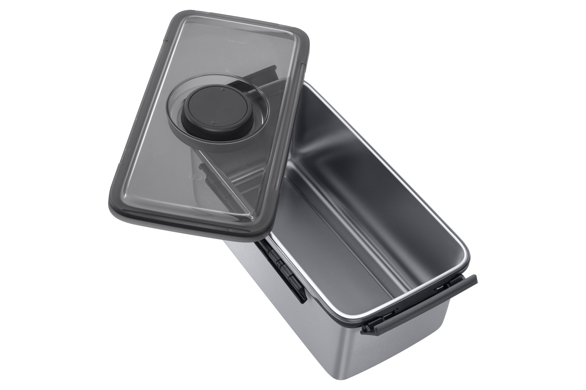 냄새케어 메탈쿨링 김치통 11.2L 1개 (RK***58*/RK***49*/RQ58*/RQ49* 상칸) 좌측 측면 탑뷰, 김치통 뚜껑 오픈된 내상컷