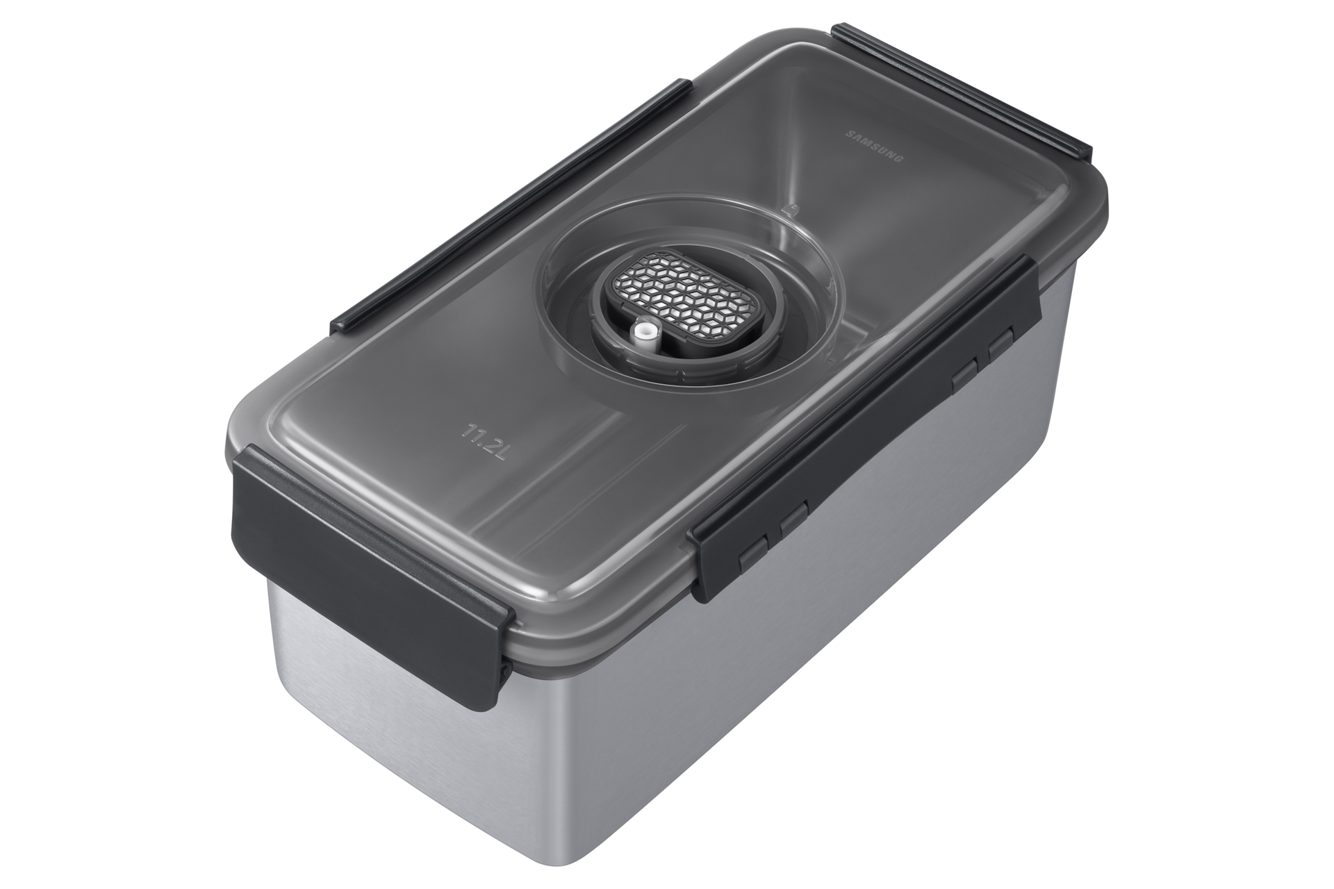 냄새케어 메탈쿨링 김치통 11.2L 1개 (RK***58*/RK***49*/RQ58*/RQ49* 상칸) 우측 측면 탑뷰, 김치통 뚜껑 내 원형 필터 캡 열린컷