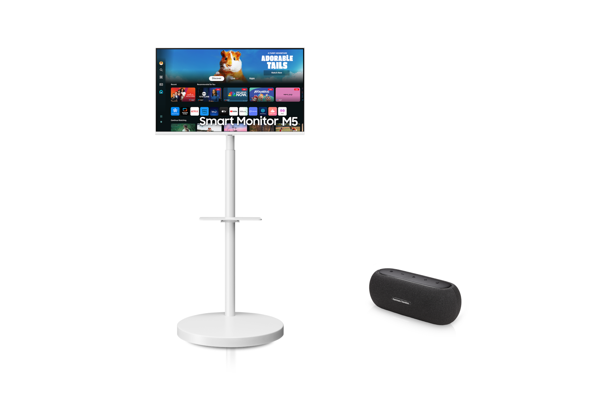 2024 무빙스타일 M5 (M50D) 화이트 (80.1 cm) + 하만카돈 LUNA 블루투스 스피커 무빙스탠드 정면과 스피커 정면