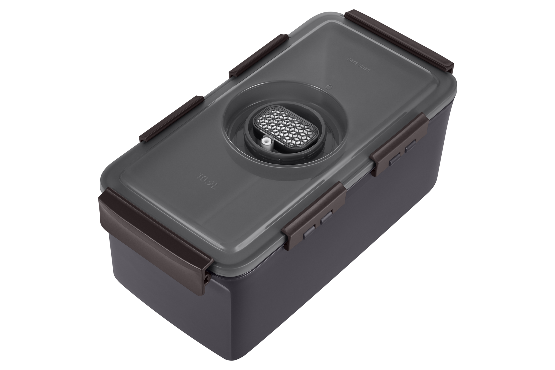 냄새케어 안심 김치통 10.9L 1개 (RK***58*/RK***49*/RQ58*/RQ49* 상칸) 우측 측면 탑뷰, 김치통 뚜껑 내 원형 필터캡 열린컷