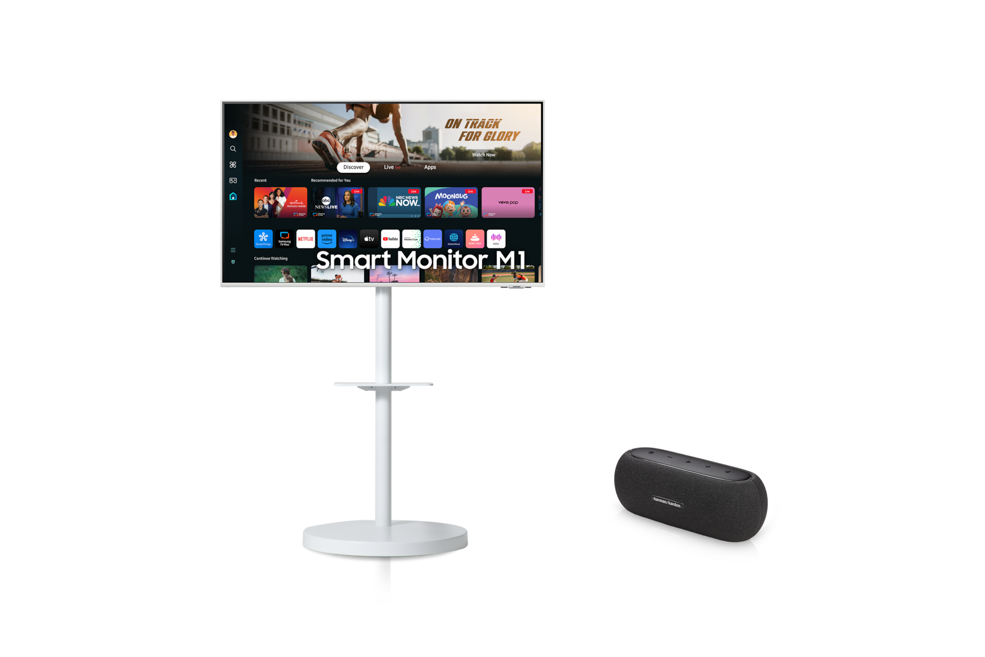 2024 무빙스타일 M1 (M1ED) 화이트 (107.9cm) + 하만카돈 LUNA 블루투스 스피커 무빙스탠드 정면이미지와 우측 스피커 단품 이미지