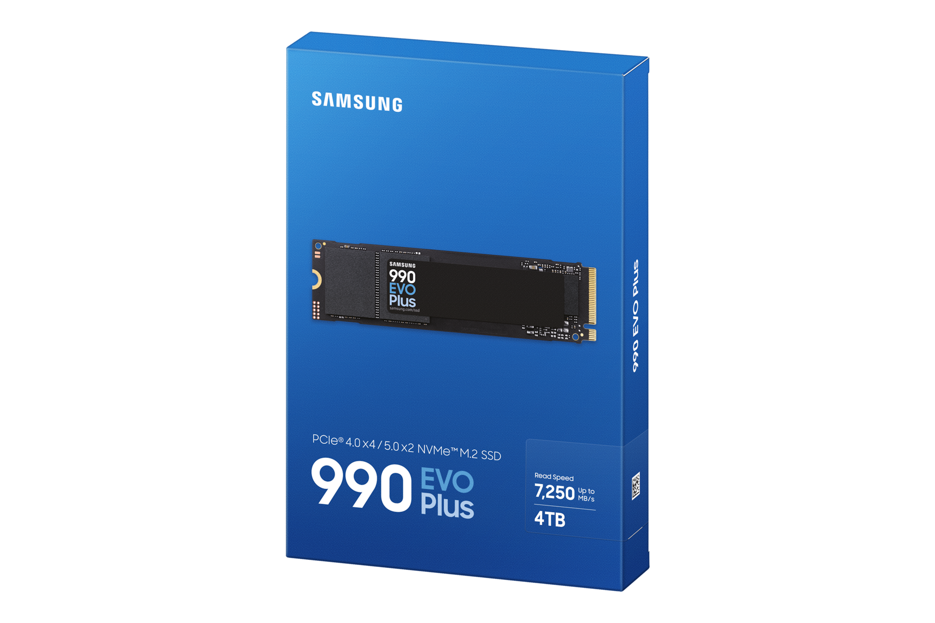 내장 SSD 990 EVO Plus NVMe 4TB (블랙) 제품 박스 왼쪽 부분이 뒤로 25도 돌아간 정면 이미지