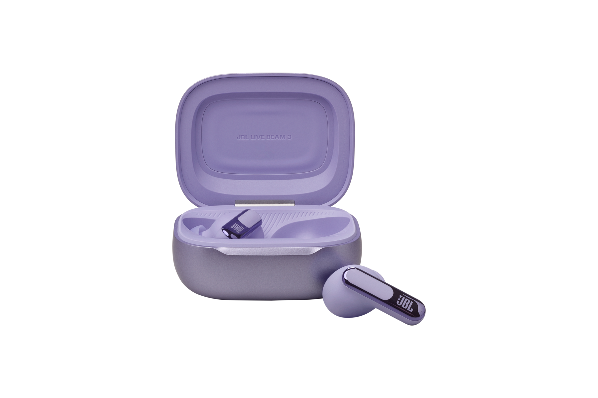 JBL LIVE BEAM 3 프리미엄 노이즈 캔슬링 무선 이어폰 퍼플 케이스가 열려 있으며 우측 이어폰이 케이스 밖으로 나와 있는 이미지