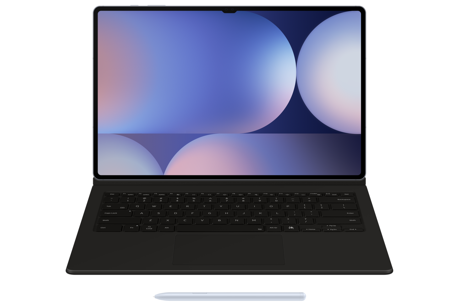 키보드 북커버 with AI 키 (갤럭시 탭 S10 Ultra, S9 Ultra 호환)블랙 기기가 장착된 채 세워져 있는 정면 이미지