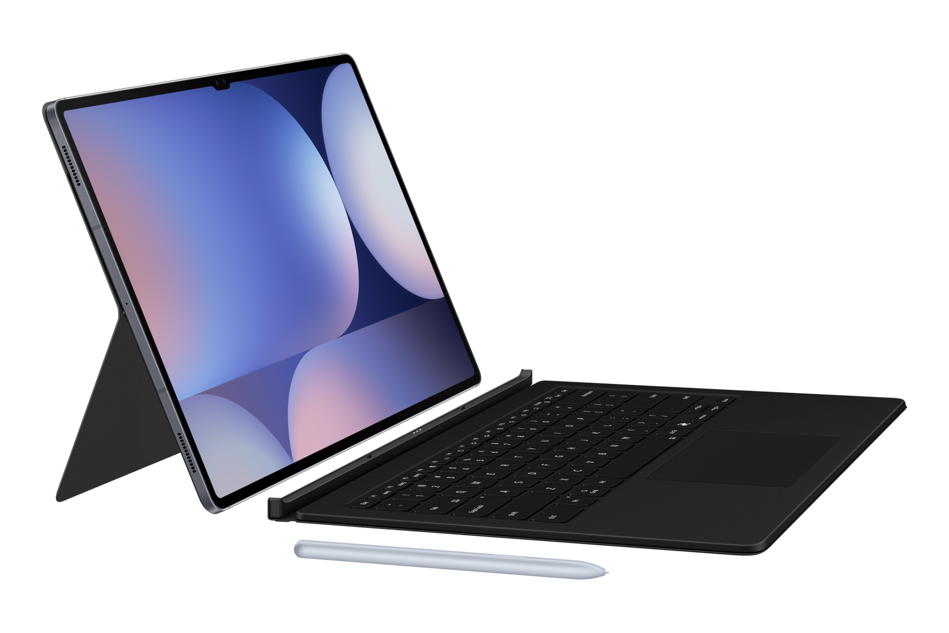 키보드 북커버 with AI 키 (갤럭시 탭 S10 Ultra, S9 Ultra 호환) 블랙 기기가 장착된 채 세워져 있는 우측으로 45도 돌아간 정면 이미지