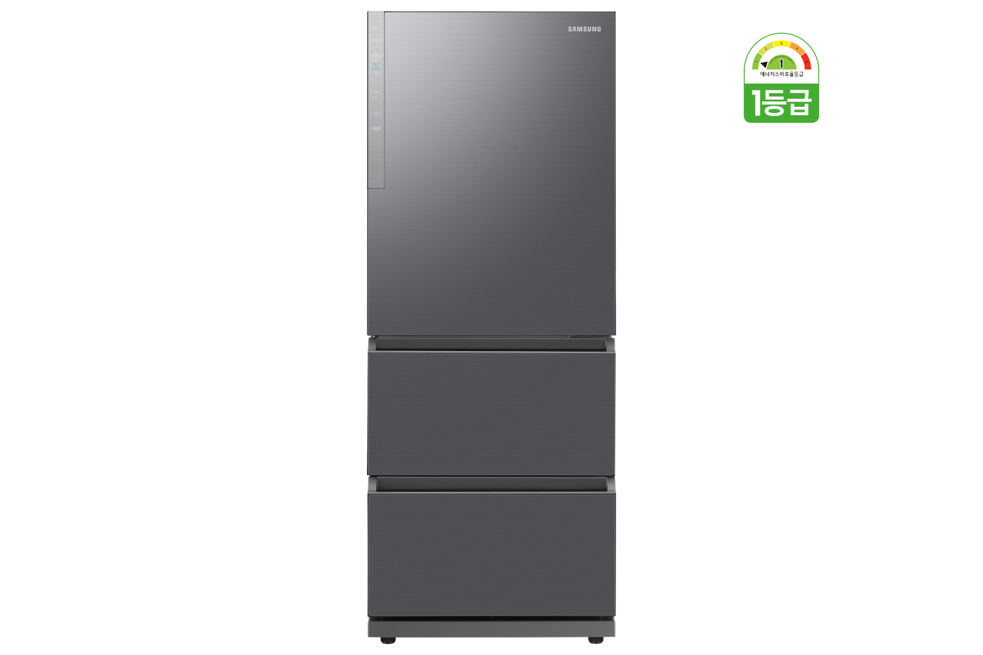 김치플러스 3도어 328L 리파인드 이녹스 정면 + 상단 우측 1등급 로고있음