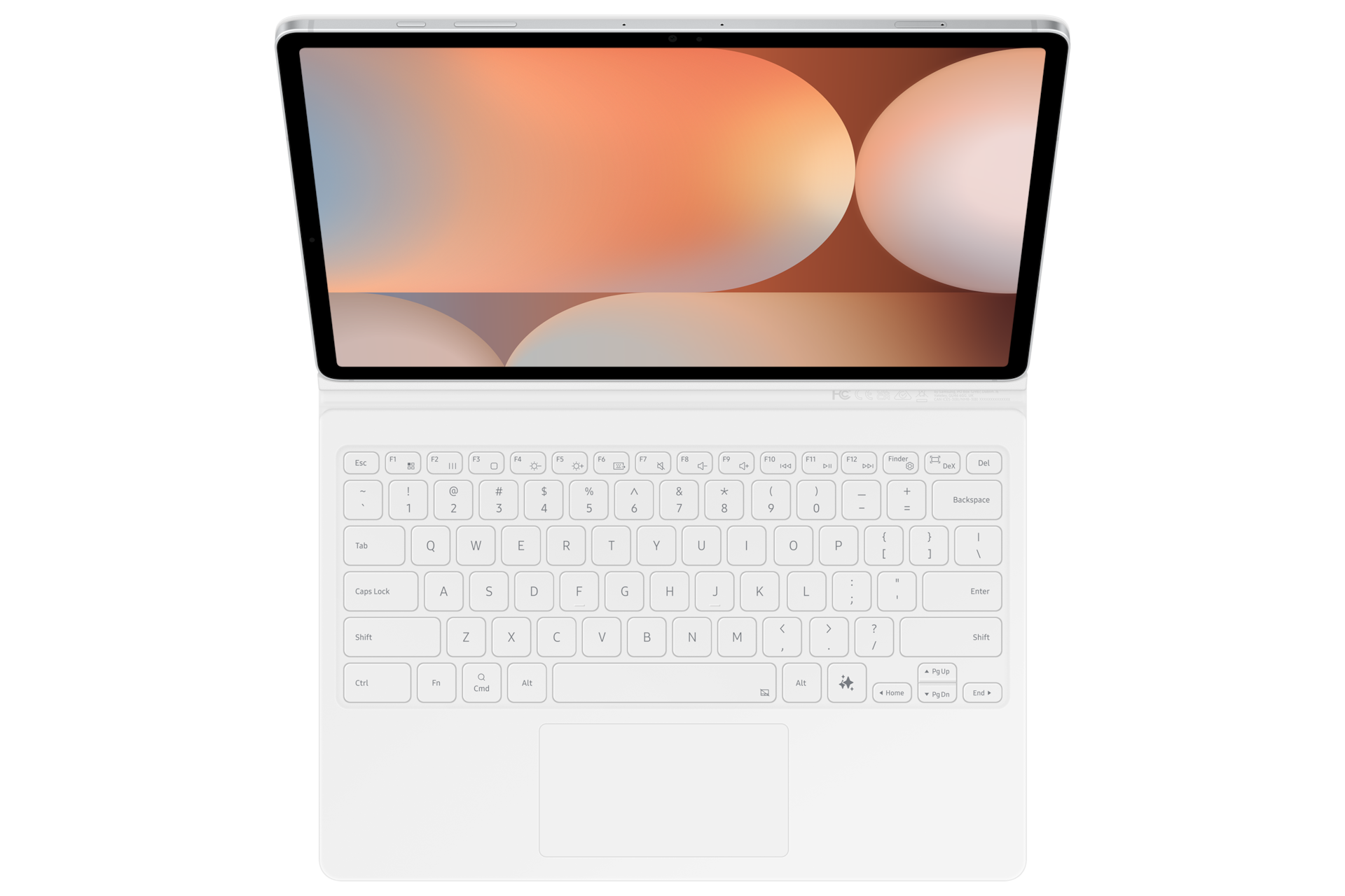 키보드 북커버 with AI 키 (갤럭시 탭 S10+, S9+, S9 FE+ 호환) 화이트 기기가 장착된 채 세워져 있는 탑뷰 이미지