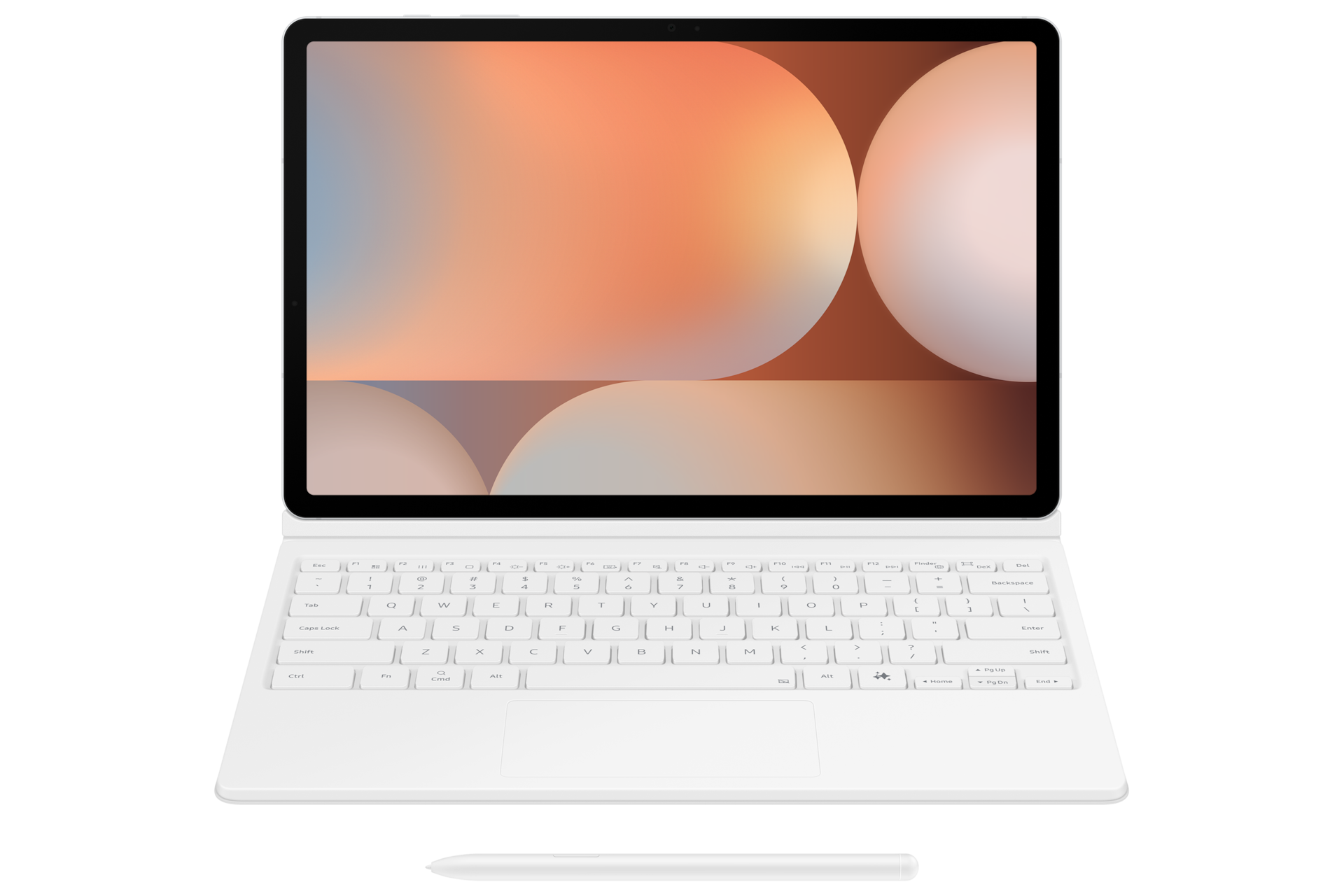 키보드 북커버 with AI 키 (갤럭시 탭 S10+, S9+, S9 FE+ 호환) 화이트 기기가 장착된 채 세워져 있는 정면 이미지