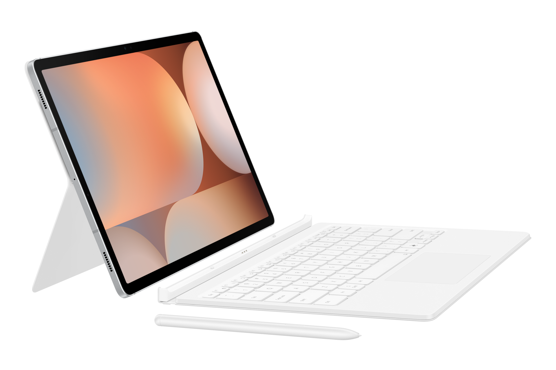 키보드 북커버 with AI 키 (갤럭시 탭 S10+, S9+, S9 FE+ 호환) 화이트 기기가 장착된 채 세워져 있는 우측으로 45도 돌아간 정면 이미지