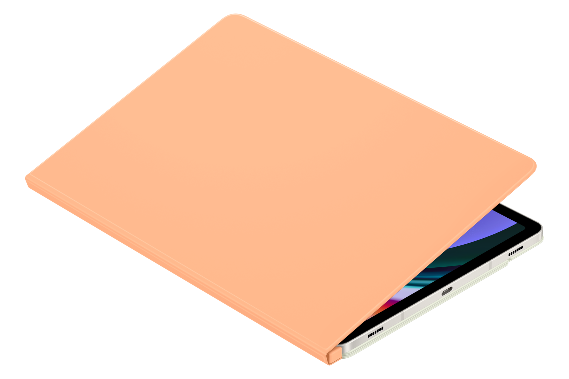 스마트 북커버 (갤럭시 탭 S9, S9 FE 호환) (오렌지) 기기를 장착한채 커버가 살짝 열린 우측으로 45도 돌아간 이미지