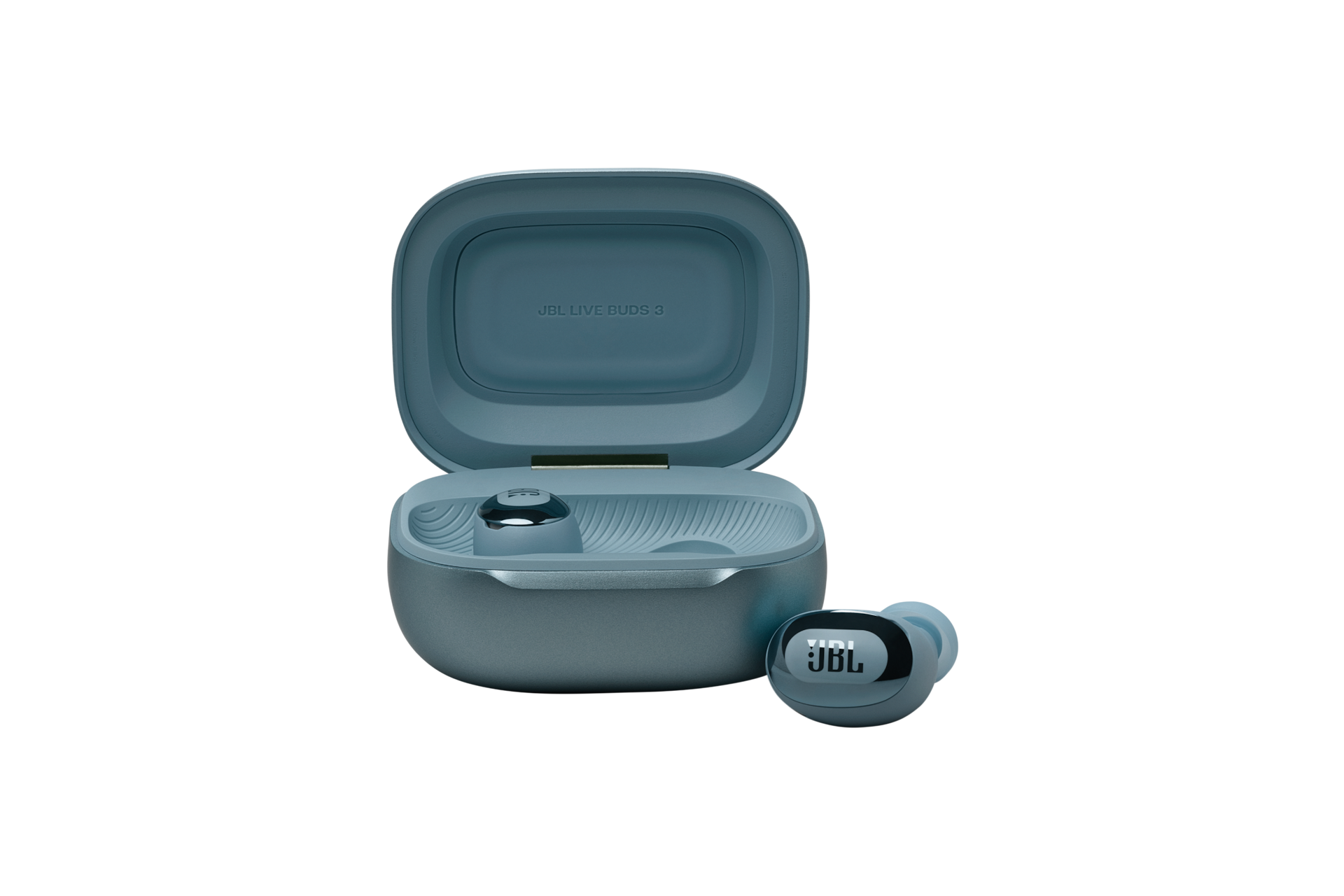 JBL LIVE BUDS 3 프리미엄 노이즈 캔슬링 무선 이어폰 블루 케이스가 열려 있으며 우측 이어폰이 케이스 밖으로 나와 있는 모습