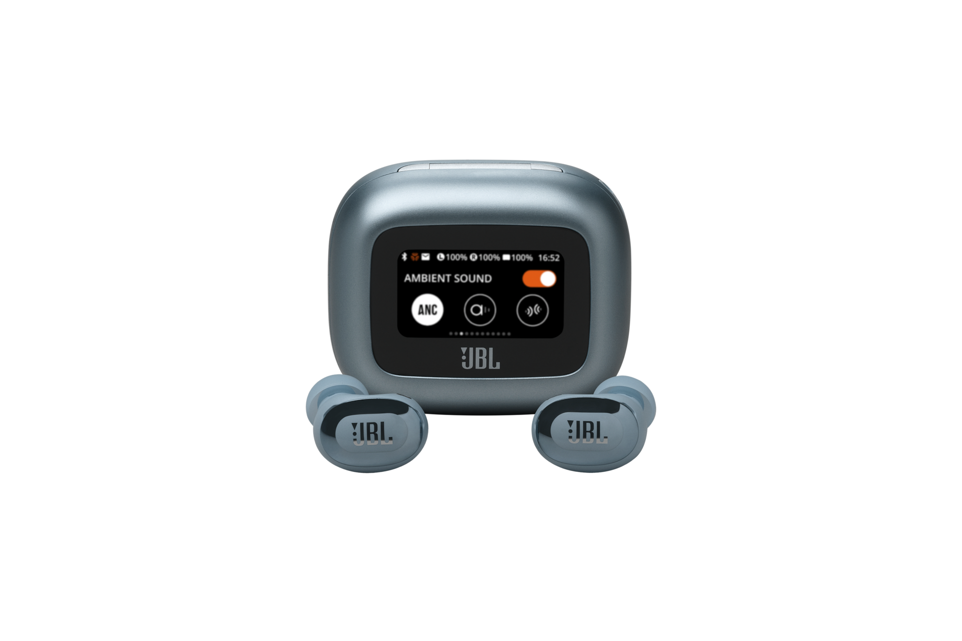 JBL LIVE BUDS 3 프리미엄 노이즈 캔슬링 무선 이어폰 블루 케이스 앞에 이어폰이 나와 있는 모습