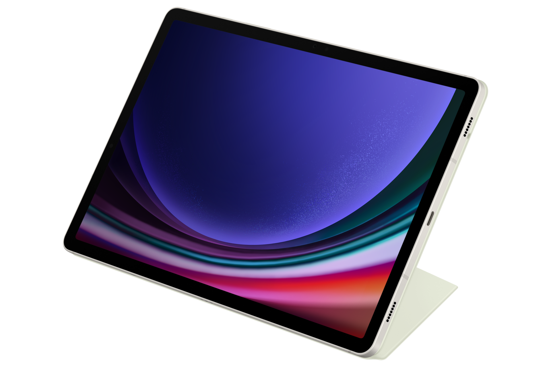 스마트 북커버 (갤럭시 탭 S9, S9 FE 호환) (오렌지) 기기를 장착한채 커버가 열려있으며 가로모드로 세워진 좌측으로 45도 돌아간 이미지