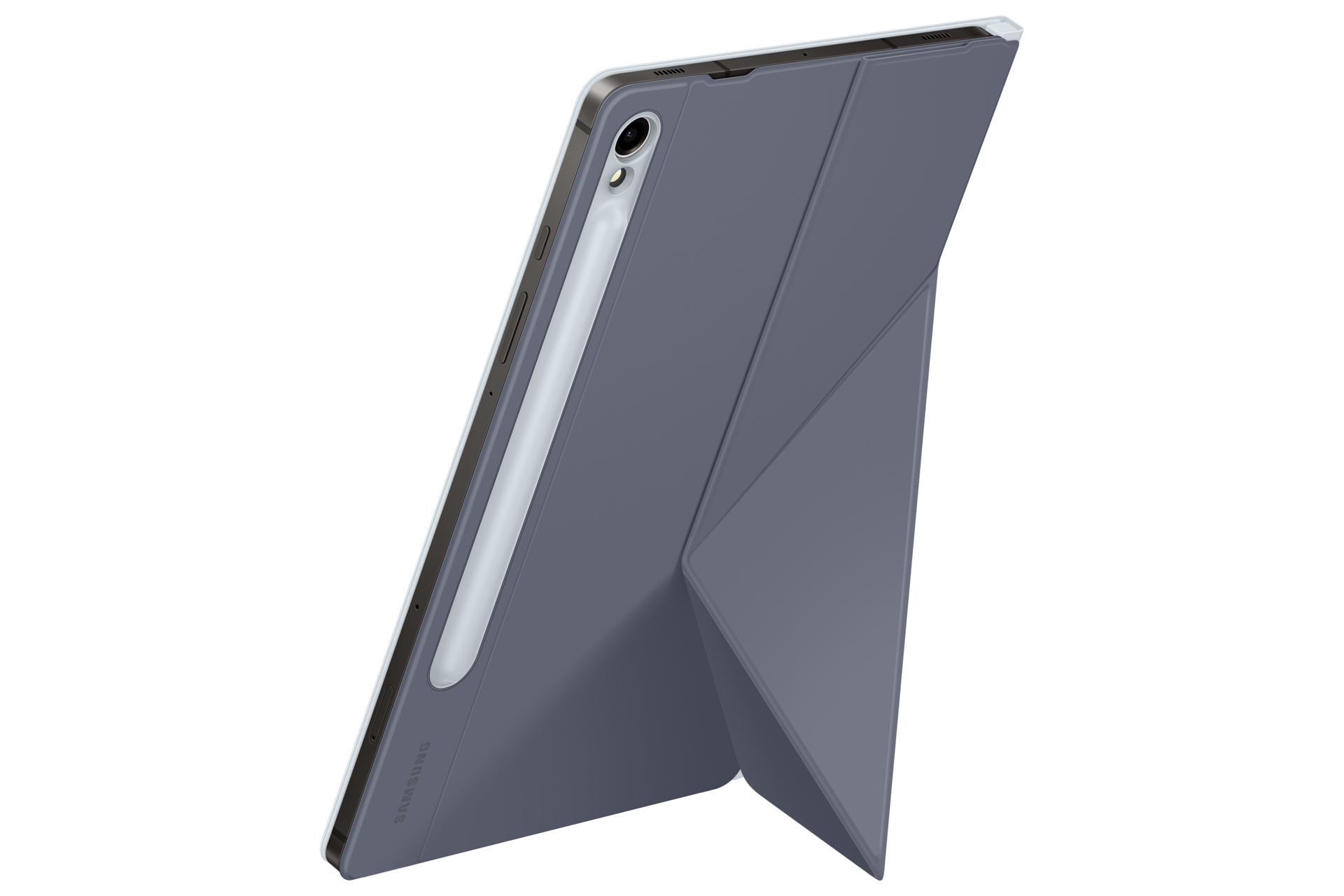 스마트 북커버 (갤럭시 탭 S9, S9 FE 호환) (블루) 기기를 장착한 세로 모드로 세워진 좌측으로 45도 돌아간 후면 이미지