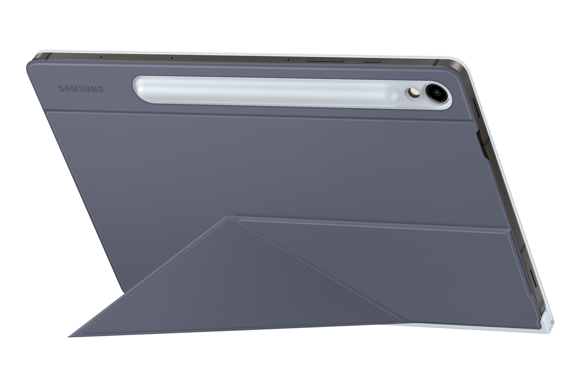 스마트 북커버 (갤럭시 탭 S9, S9 FE 호환) (블루) 기기를 장착한 가로 모드로 세워진 우측으로 45도 돌아간 후면 이미지