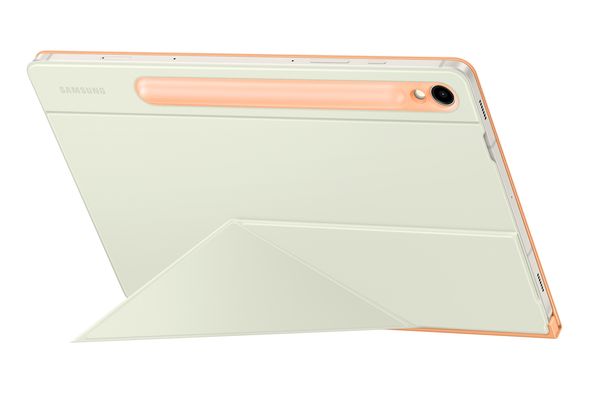 스마트 북커버 (갤럭시 탭 S9, S9 FE 호환) (오렌지) 기기를 장착한 가로 모드로 세워진 우측으로 45도 돌아간 후면 이미지
