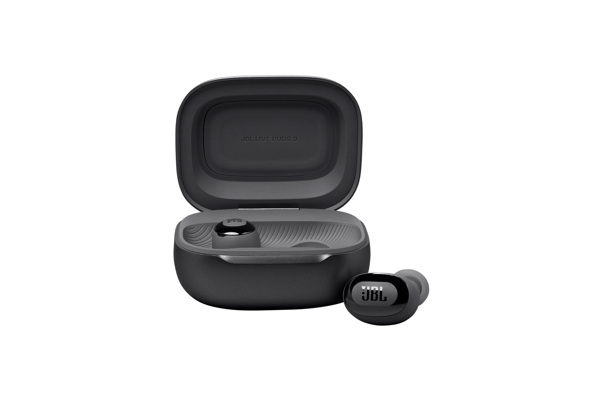 JBL LIVE BUDS 3 프리미엄 노이즈 캔슬링 무선 이어폰 블랙 케이스가 열려 있으며 우측 이어폰이 케이스 밖으로 나와 있는 모습