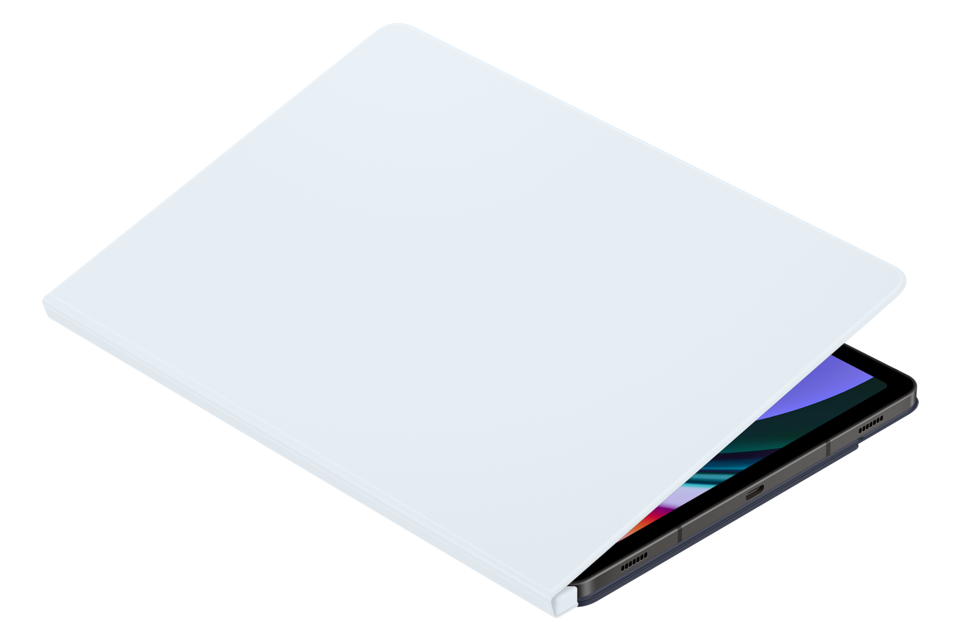 스마트 북커버 (갤럭시 탭 S9, S9 FE 호환) (블루) 기기를 장착한채 커버가 살짝 열린 우측으로 45도 돌아간 이미지