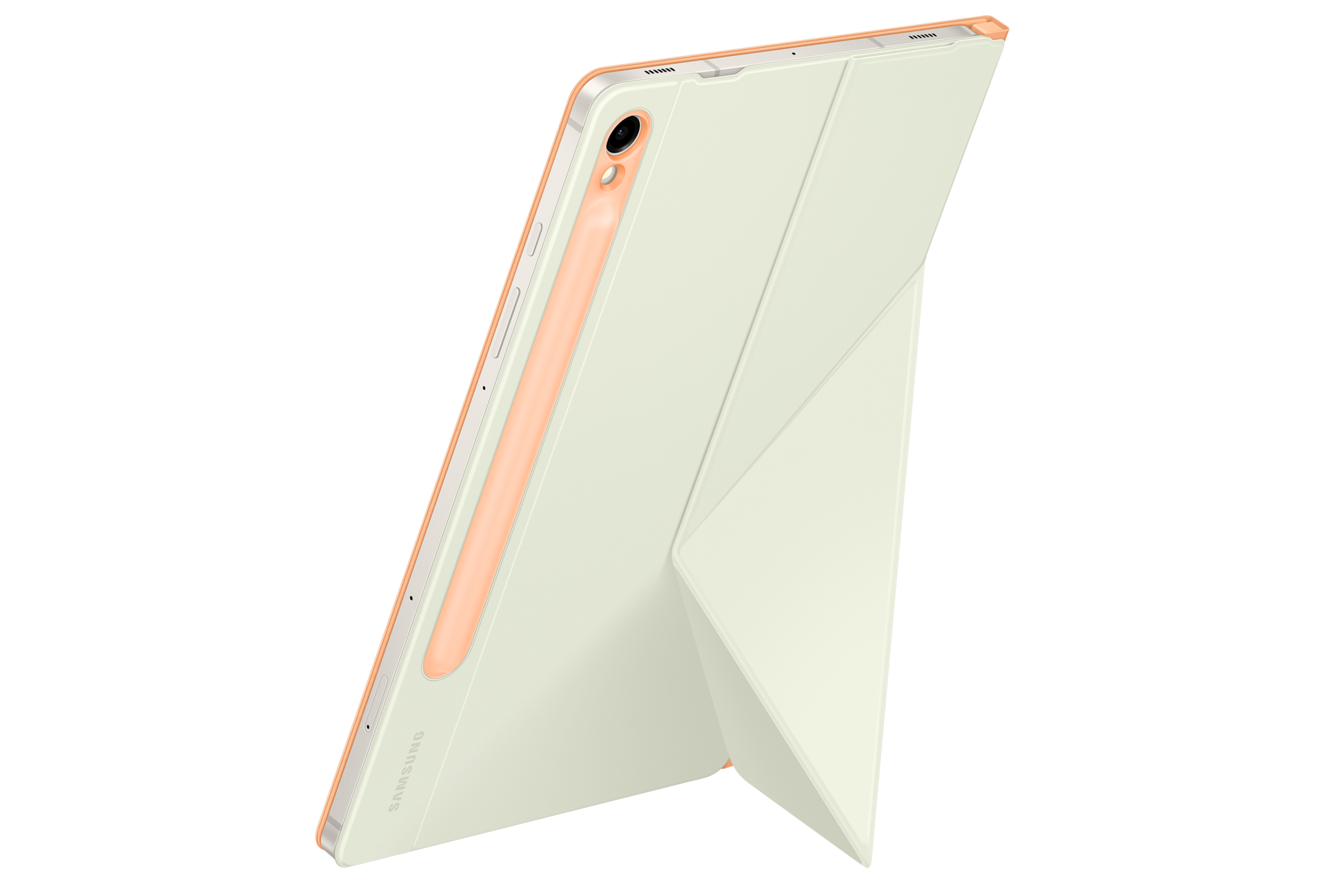 스마트 북커버 (갤럭시 탭 S9, S9 FE 호환) (오렌지) 기기를 장착한 세로 모드로 세워진 좌측으로 45도 돌아간 후면 이미지
