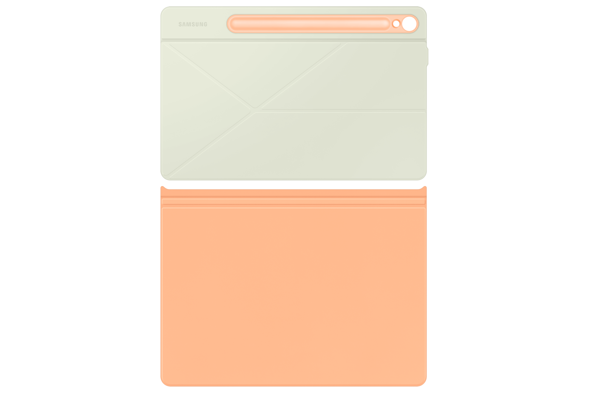 스마트 북커버 (갤럭시 탭 S9, S9 FE 호환) (오렌지) 앞면 커버와 후면 커버가 세로로 나란히 놓인 이미지